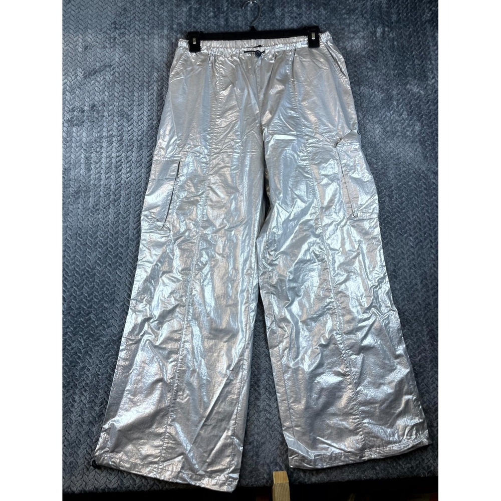 Sincerely Jules Cargo Pants Womens Large Silver Metallic Nylon Relaxed Wide-Leg